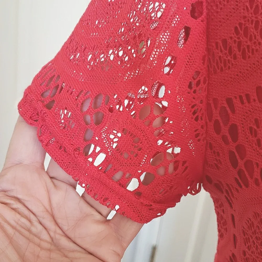VINTAGE 90's Coral Red Crochet Lace Short Sleeve Shift Dress Tunic SMALL